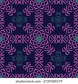 Ein kräftiges, nahtloses Muster mit violetten und tealen geometrischen Formen auf dunklem Hintergrund. Ideal für Modestoffe, Inneneinrichtung, Schreibwaren, digitale Hintergründe und kreatives Branding.