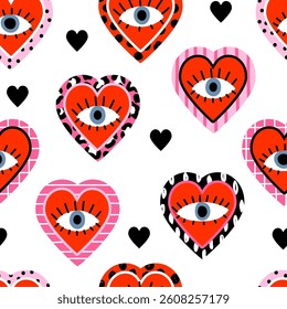 Bold seamless pattern featuring red hearts with central eyes, playful animal prints and graphic textures. Modern fashion print