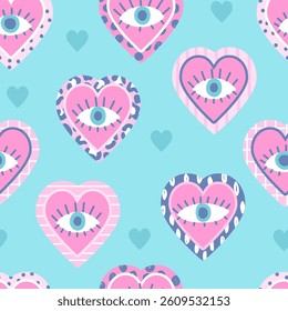 Bold seamless pattern featuring red hearts with central eyes, playful animal prints and graphic textures. Modern fashion print