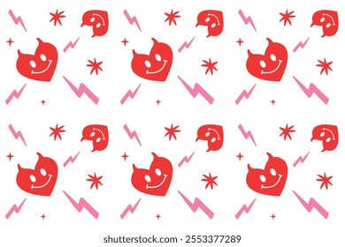 Bold seamless pattern in the form of devilish red hearts and lightning bolts, hand-drawn. An ornament for Valentine's day cards, gift wrapping or print.