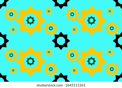 Bold seamless pattern with geometric flower stars in yellow and blue. Perfect for fabrics, fashion, home decor, and global textile design with a modern and playful style.