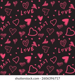 Bold seamless pattern with hand-drawn hearts and "LOVE" lettering in pink on a black background. Ideal for romantic textiles, gift wrap, greeting cards, and decor.