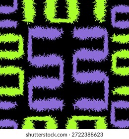 Padrão sem emenda arrojado com formas geométricas difusas neon em um plano de fundo preto. Abstrato design repetitivo inspirado na arte digital e estética de rua, ideal para têxteis de moda, roupas ativas, vestuário urbano, papéis de parede, embalagens e projetos de design de superfície modernos.