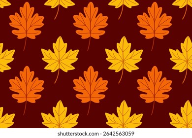 Bold seamless pattern with orange and yellow maple leaves on dark brown background. Great for autumn-themed prints, textiles, and seasonal decoration