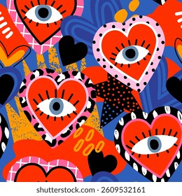 Bold seamless pattern of red hearts with central eyes, playful animal prints and graphic textures. Modern fashion print