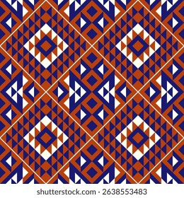 A bold seamless pattern in rust orange, navy, and white with tribal geometric diamond motifs. Ideal for fashion textiles, wall art, home decor, and modern ethnic prints.