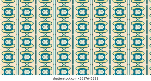 A bold, seamless pattern of stylized faces in refreshing teal and yellow tones. 