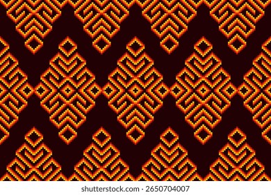 A bold seamless pixel art pattern ,dynamic ethnic geometric flame-like motifs. Rich red, fiery orange, bright yellow pop against a deep dark brown background. Ideal for textiles, fashion,cultural