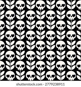 Bold seamless skull floral pattern in black and white. Gothic inspired repeating design ideal for fabric, wallpaper, apparel and alternative decor projects.