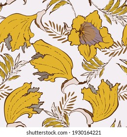 Bold seamless vector floral pattern with Tulip tree flowers, Spathodea campanulata, exotic tropical flower and palm leaves. Yellow hawaiian motif.