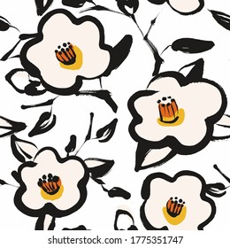 Bold seamless vector hand drawn pattern with Camellia flowers in traditional Japanese ink painting style.