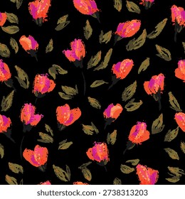 Bold seamless vector pattern with expressive red and pink painterly buds and textured olive leaves on a black background. Artistic hand drawn style ideal for fashion, fabric, and decor