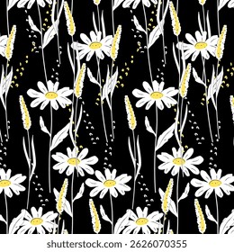Bold seamless vector pattern featuring white daisies and yellow spikes on a deep black background. Eye-catching and elegant — ideal for fashion fabric, modern packaging, or stationery.