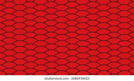 Bold, seamless vector pattern featuring repeating scallop or fish scale shapes with thick black outlines on a vibrant red background. Ideal for textile, web design, Chinese New Year, or festive themes