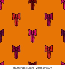 A bold seamless vector pattern with sparsely placed neon pink, magenta and purple bows on orange background, inspired by Indias colourful Holi festival