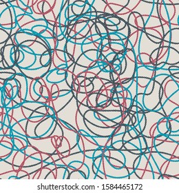 Bold seamless vector texture with messy sewing treads in three colors on light grey background for fabric, scrapbooking and craft projects, gift wraps or wallpaper. Surface pattern design. Trendy