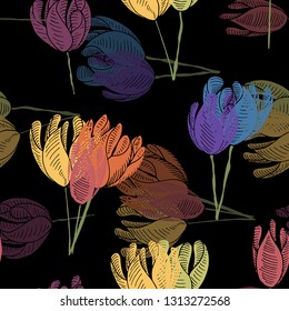 Bold seamless windblown tulips on black backdrop - Vector.
