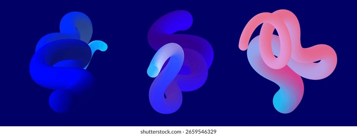 A bold set of abstract 3D shapes with smooth gradients in blue, violet, and pink on a dark background. Perfect for music posters, vector covers, party wallpapers, or digital art sets.