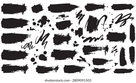 A bold set of black paint brush strokes in thick hand-painted style with rich ink coverage and expressive textural variation. Ideal for banner text highlights, logo backgrounds, modern art overlays, editorial design accents, social media post graphics, and bold typographic design projects.