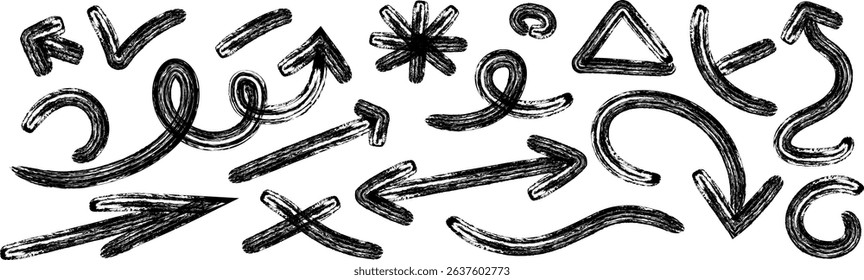 A bold set of organic grunge shapes featuring curved lines, dots, and geometric elements in Memphis style. Includes swirled brush strokes, both curly and straight lines.