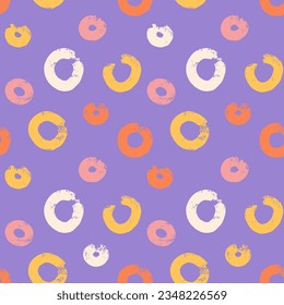 Bold shabby brush drawn doodle circles seamless pattern. Rings, round shapes in grunge style with rough edges. Abstract blobs, spots, circles and organic shapes. Random naive spots vector texture.