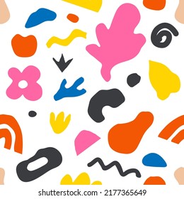 Bold shape retro seamless pattern. Abstract shapes, summer background. Trendy ornament, hand drawn memphis banner, vintage doodle illustration