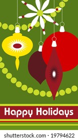 bold shapes of brightly colored christmas tree ornaments and the greeting "Happy Holidays"