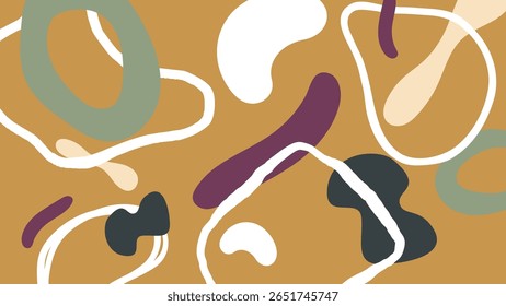Bold shapes in purple, olive, cream, and black scattered over a warm ochre background with outlined contours. Modern abstract energy.