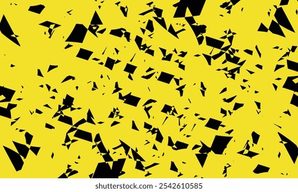 Vidrio roto en negrita sobre fondo amarillo. Formas negras Abstractas en patrón geométrico dinámico para diseño de alto contraste