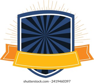 Bold shield and banner emblem featuring radiant lines. Professional logo template, royal crest with ribbon. Classic heraldic symbol, vibrant blue and orange colors. Elegant insignia design, regal