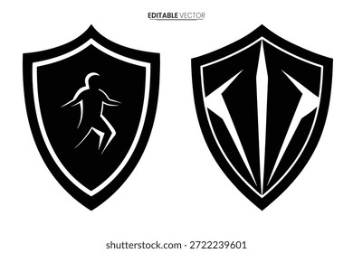 Diseños de escudos atrevidos, uno con un corredor, y otro con llamativos patrones geométricos.