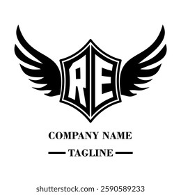 RE bold shield logo with wings, customizable with letters A to Z. Perfect for brands seeking a powerful symbol of strength, freedom, and ambition