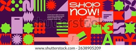Bold shopping banner with red and purple contrast, geometric patterns, credit card and receipt icons, and stylized shopping hands. 