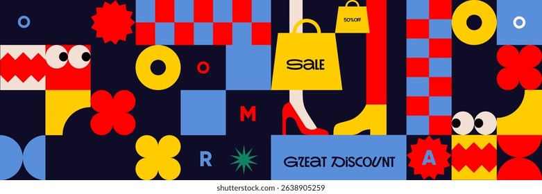 Bold shopping poster with eyes, boots, bags, sale tags, and red-yellow geometric background. Whimsical style with cartoon expressions and discount-focused layout.