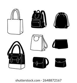 Bold Silhouette Bag Icons Including Tote, Backpack, and Clutch for Fashion Branding and UI Design