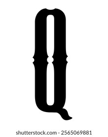 A bold silhouette in black and white representing the letter Q.