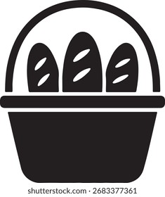 Silueta atrevida de un ícono de la canasta de pan con tres panes, diseñado en estilo minimalista de Vector negro con líneas limpias y composición plana