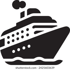  A bold silhouette of a cruise ship, characterized by its large size and multiple decks, is depicted with clean lines and geometric shapes against a soft white background.