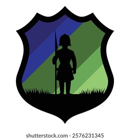 A bold silhouette of a female warrior, wielding a spear, positioned within a stylized shield emblem.