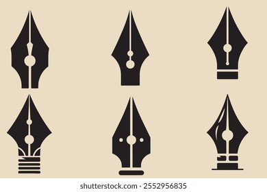 A bold silhouette of a fountain pen nib in black with sharp clean edges.