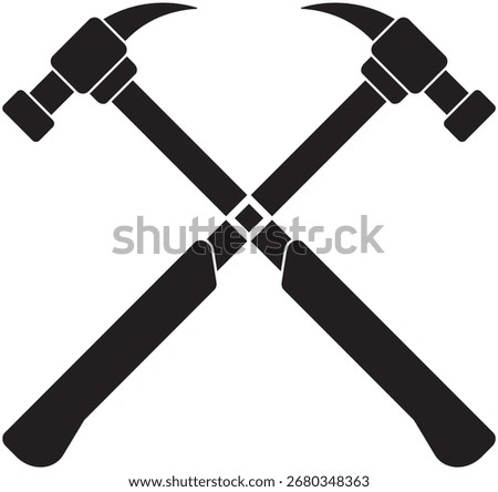Bold silhouette icon of two crossed claw hammers, symbolizing construction and repair expertise. Ideal for illustrating carpentry, demolition, tool mastery, and home improvement in websites and apps.