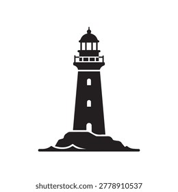 A bold silhouette of a lighthouse stands prominently on a rocky outcrop, with wavy ocean lines beneath. The lighthouse features a cylindrical tower, a small balcony, and a domed roof. The stark contra.