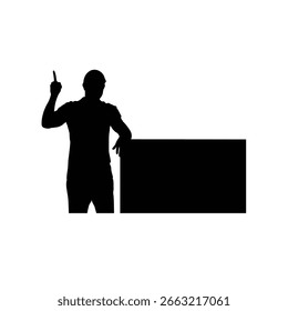 A bold silhouette of a man, pointing upwards, stands confidently beside a large blank rectangular sign.