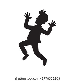 A bold silhouette of a person mid-fall, arms spread wide in a dynamic pose. The figure appears to be in motion with a sense of urgency or excitement, rendered in solid black against a plain white back.