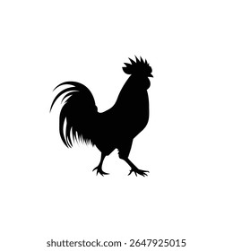 Bold silhouette of a proud rooster in profile, featuring a prominent comb and tail feathers.