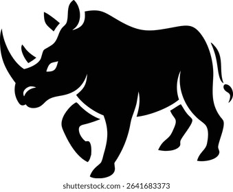 Bold silhouette of a rhinoceros walking with strength and confidence. Ideal for wildlife, safari, or animal-themed designs in vector format.

