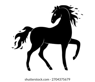 Silhueta ousada de um cavalo correndo exibindo energia e graça em uma pose dinâmica contra um fundo branco