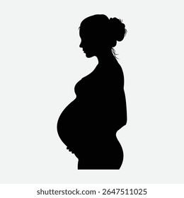 Silhueta ousada de uma mulher grávida serena de perfil. Vetor preto-e-branco minimalista com penteado de pão, barriga arredondada e humor calmo. Perfeito para maternidade, saúde e temas familiares.