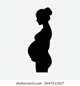 Silhueta ousada de uma mulher grávida serena de perfil. Vetor preto-e-branco minimalista com penteado de pão, barriga arredondada e humor calmo. Perfeito para maternidade, saúde e temas familiares.
