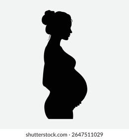Silhueta ousada de uma mulher grávida serena de perfil. Vetor preto-e-branco minimalista com penteado de pão, barriga arredondada e humor calmo. Perfeito para maternidade, saúde e temas familiares.